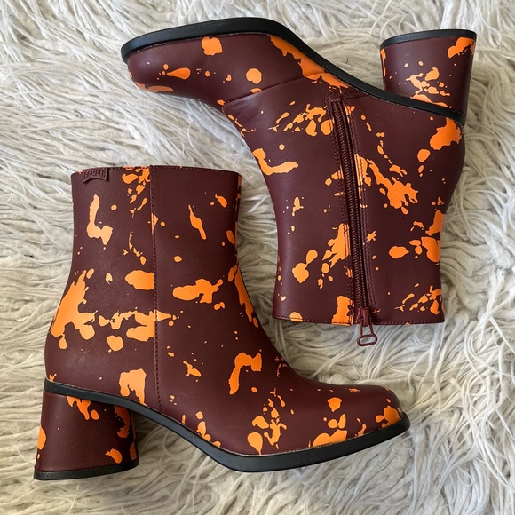 Camper Kiara Orange Brown Paint Splatter Leather Heeled Ankle Boots EUC Size 37 - Picture 3 of 13